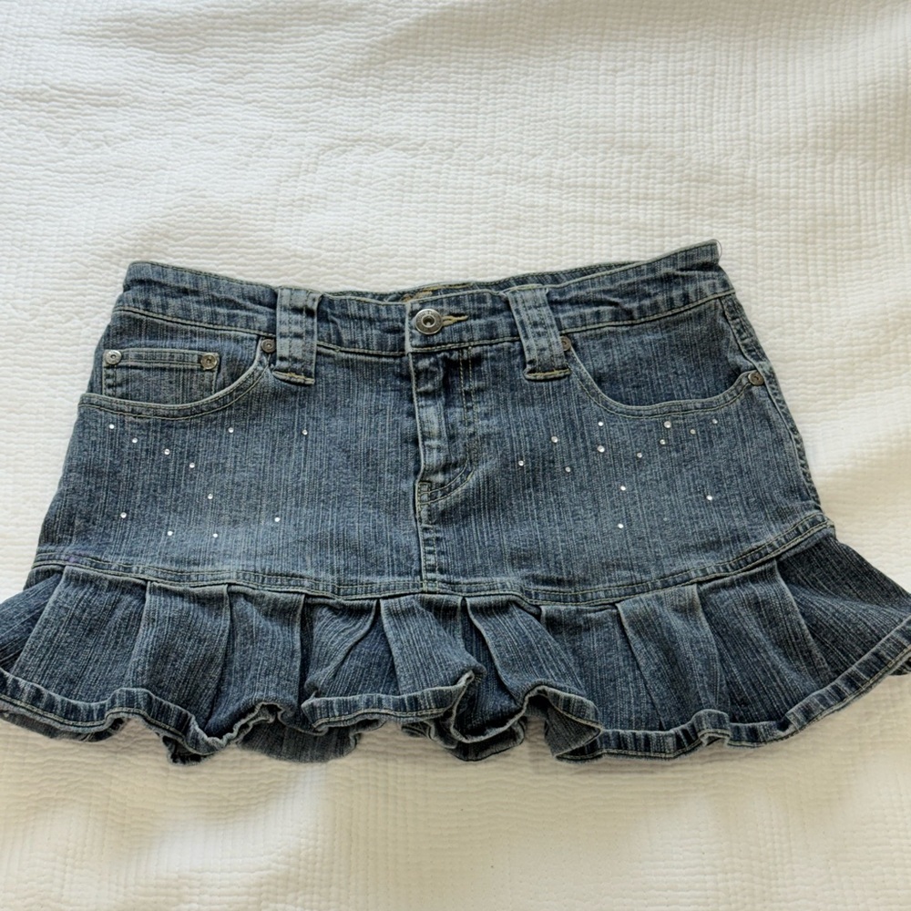 Ruffled Denim Mini Skirt with Rhinestone Accent - Blue